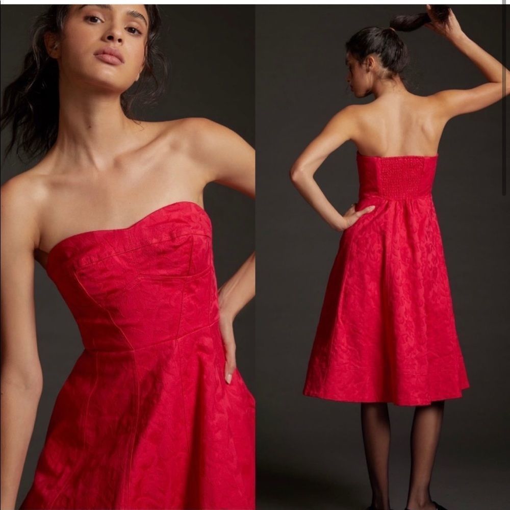 NWT Anthropologie Floral Contrast Sweetheart Midi Dress Raspberry Size 8 - Picture 2 of 11